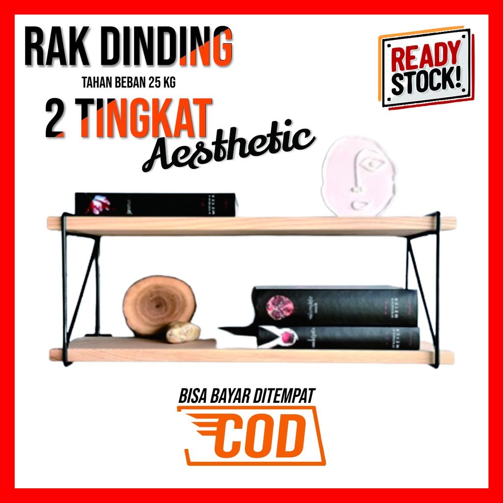 Rak Dinding Kayu 2 Tingkat Gaya Aesthetic | Rak Figura Rak Buku Tempel Dinding Rak Hias Dalam Ruanga