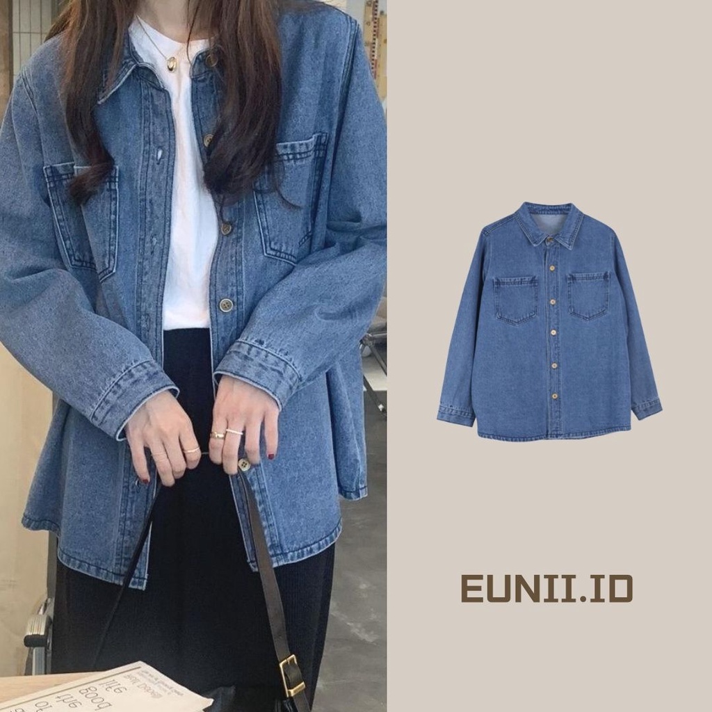 EUNII Kemeja Denim Wanita Lengan Panjang All-match Oversize Jaket Retro Korean Style Baju wanita