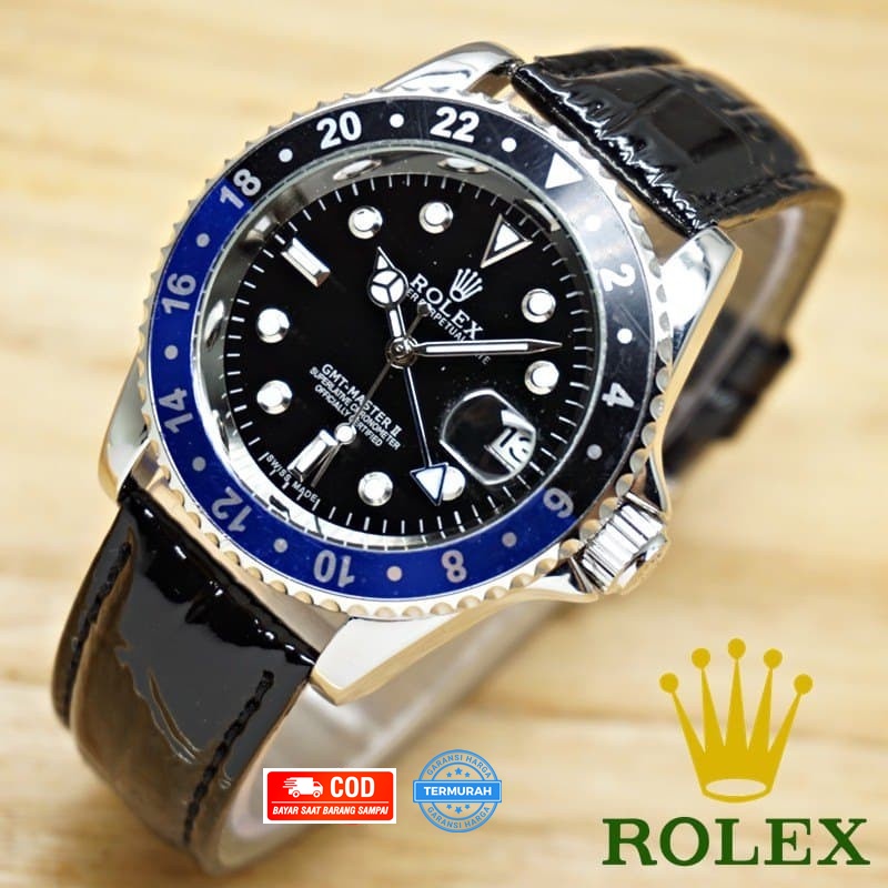 Jam Tangan Pria Rolex Automatic GMT Kulit Silver (Tanpa Baterai) Free Box Rolex BISA COD