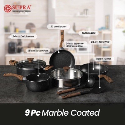 Terlaris Panci Supra 9Pcs Black Marble / Panci Set Supra Edisi Chef Renata Moel