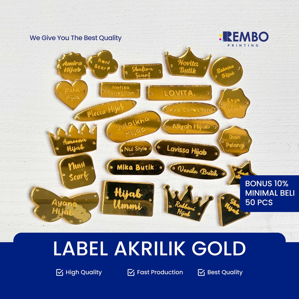 [TERMURAH] Label Akrilik Gold Rebranding Hijab Warna Gold / Baju / Gamis / Label Baju Acrylic / Label Jilbab Gold