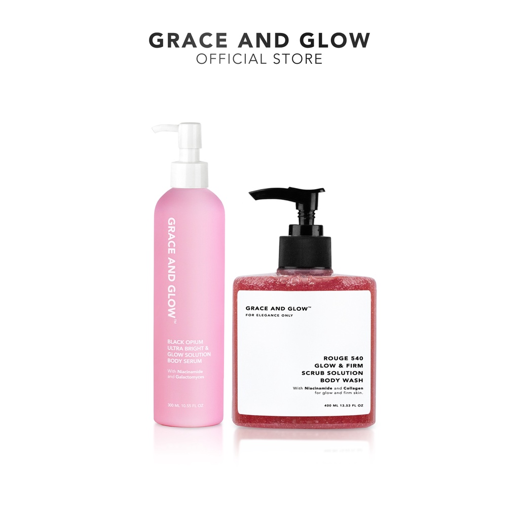 Grace and Glow Rouge 540 Glow &amp; Firm Scrub Solution Body Wash + Black Opium Bright &amp; Glow Solution Body Serum