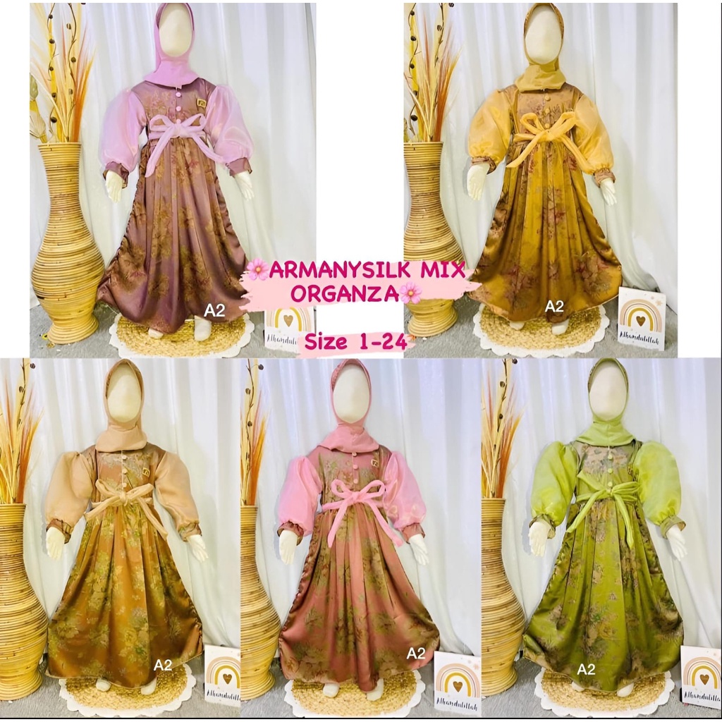 Gamis Armani Silk Mix Organza Anak Perempuan Usia 3-12 Tahun | Gamis Lebaran Anak Perempuan Terbaru 