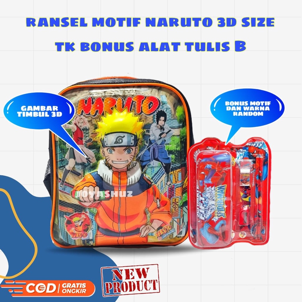 Tas 3D Anak TK Berbonus - Ransel  3D Anak SD Naruto - Tas Sekolah Anak TK Karakter Naruto - Tas Anak Laki-Laki tk Gratis Botol Dan Misting - Tas Sekolah Anak Karakter Lucu - Joyashuz