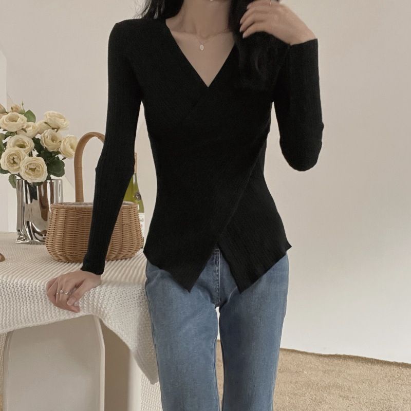 Atasan Rajut Import  Sweater Wanita Lengan Panjang Wrap Top Knit Fashion Korean Crop Long Sleeve Knit Top Atasan Crop Atasan Korean Style Wanita