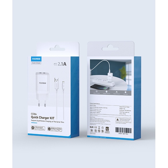 Charger Foomee  CC06s 2.1A Dual Port Travel Charger + 1m Lightning Charging Cable CC06S Charger