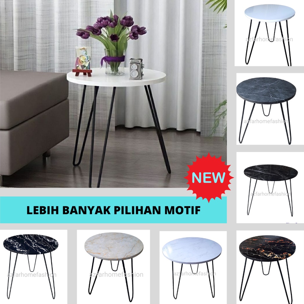 meja bulat minimalis ruang tamu,meja bulat sudut,meja teras motif marmer KAKI BESI HITAM