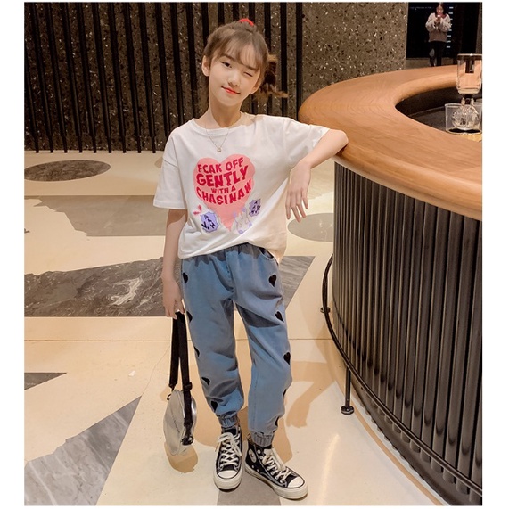 Setelan anak PEREMPUAN CROP SET import GENTLY LOVE + CELANA JEANS TEBAL KEKINIAN setelan anak teenager set anak tanggung