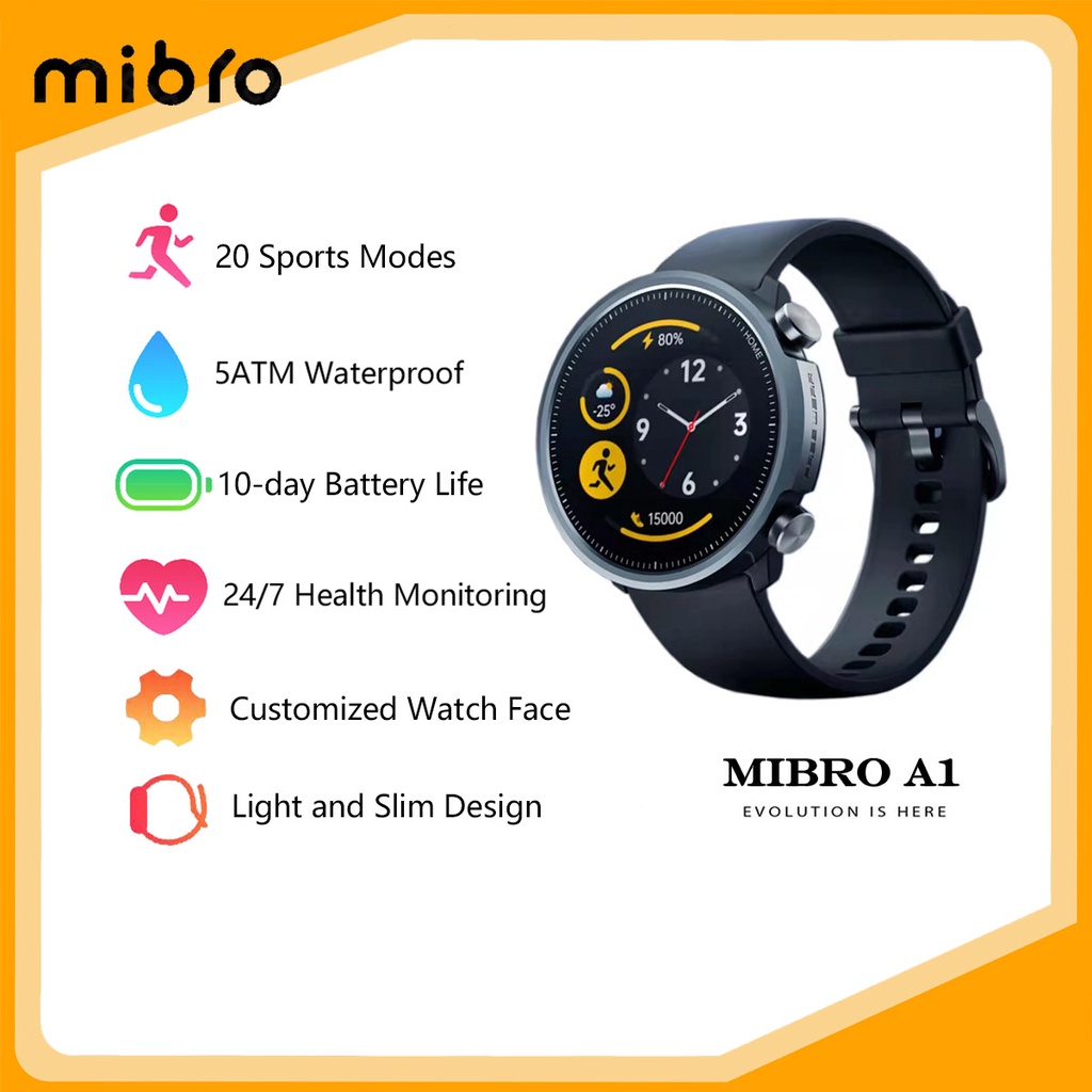 Mibro A1 Jam Tangan Pintar Versi Global 5ATM Jam Tangan Pintar Tahan Air Monitor Denyut Jantung SpO2 Pelacak Kebugaran 20 Mode Olahraga Bluetooth