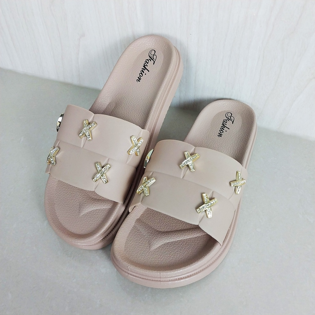 Sandal Slop Flat Sandal Wanita Slip On Fashion Style Cewek Motif Sandal Kasual Nyaman Lentur Empuk PVC Satu7an SPT-48