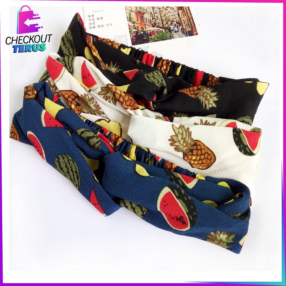 CT C64 Bando Wanita Korean Style Model Turban Karet Bahan Kain Motif Buah Bandana Simpul Kekinian Import