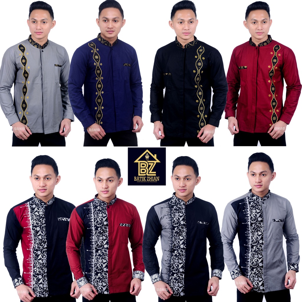 Baju Muslim Lebaran Koko Batik Bordir Kombinasi Lengan Panjang Pakaian Lebaran Pria