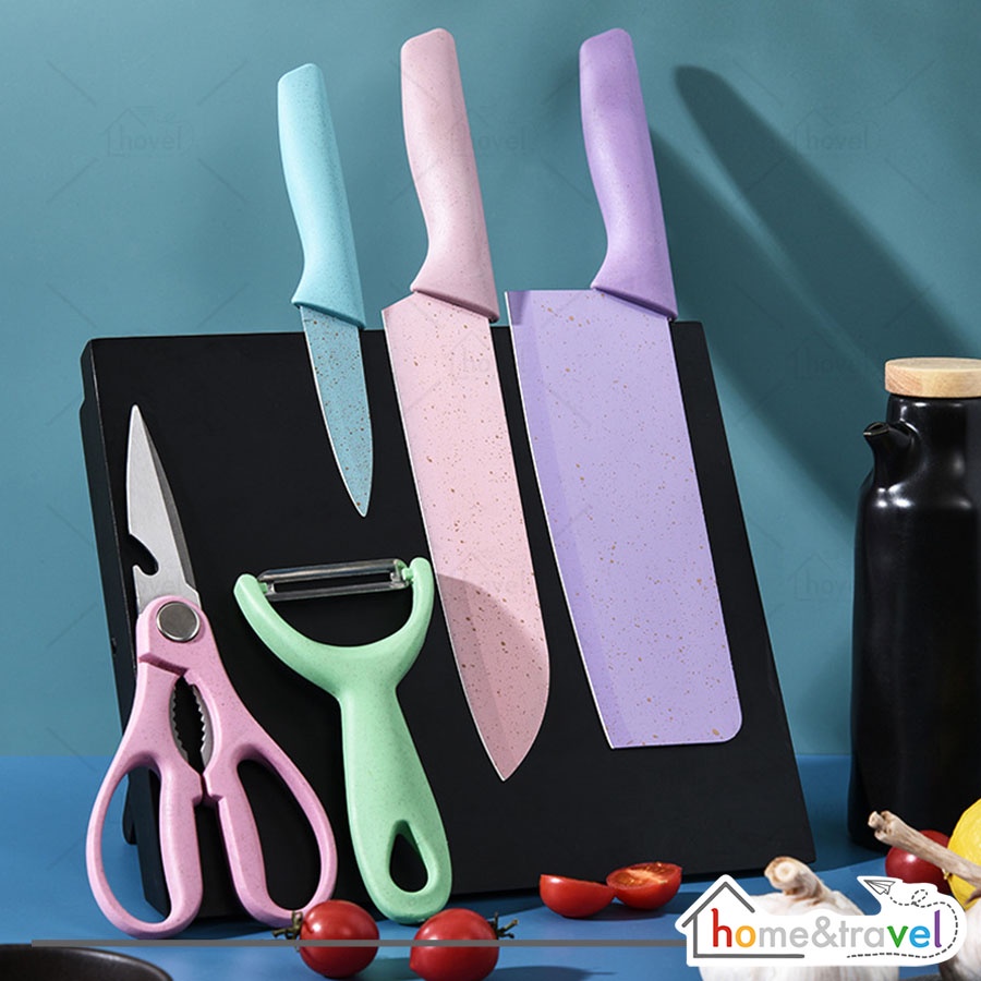 HOVELSHOP Pisau Dapur Bahan Stainless Anti Karat Kitchen Knife Set 6IN1 Tajam Good Quality Warna Pastel