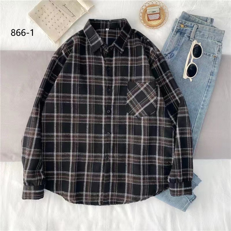 【 Penawaran Istimewa 】Kemeja Flanel Kotak Kotak Kemeja Oversize Longgar Wanita Casual Lengan Panjang