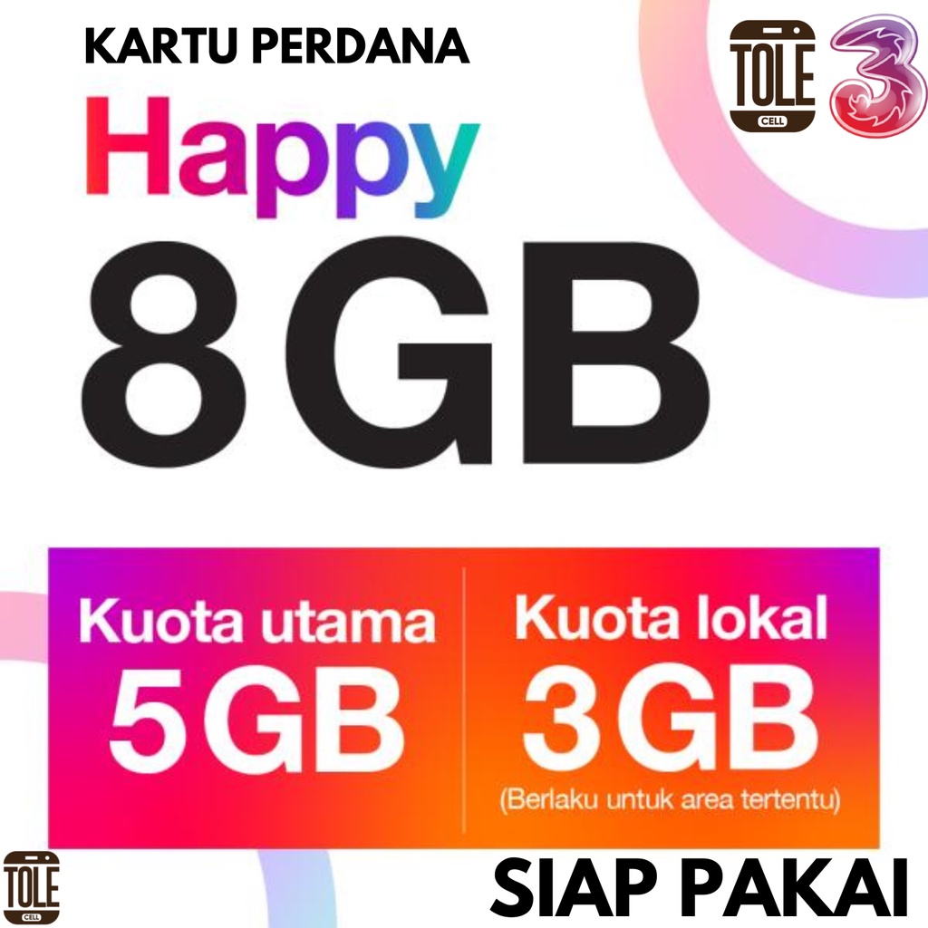 Kartu Perdana Three Happy Kuota 28GB 12GB 8GB 3GB Nomor Tri AON 2GB Nasional Simcard 4G