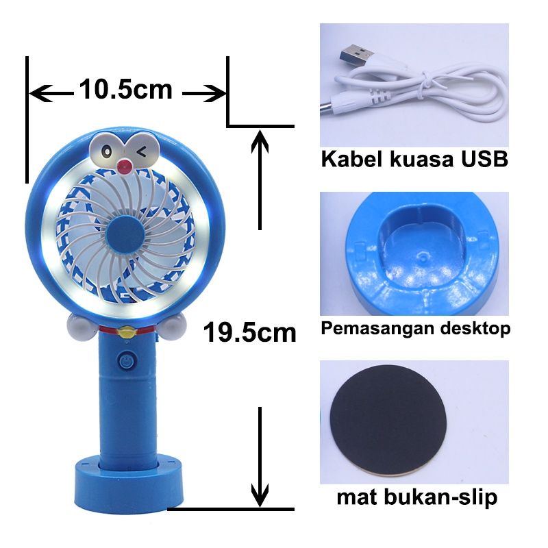 KIPAS ANGIN TANGAN/GAGANG MINI RECHARGE CAS USB KARAKTER+LAMPU LED