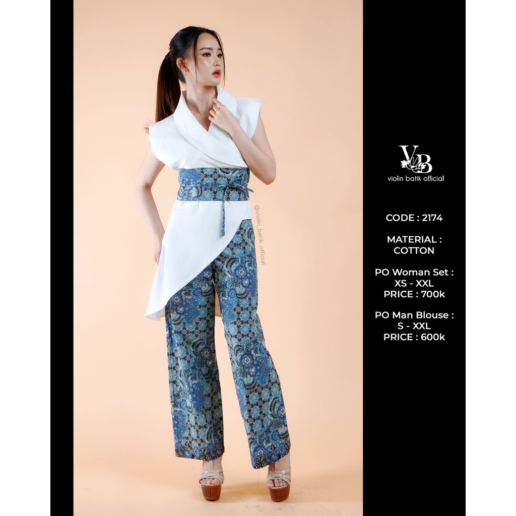 Stelan Kulot Batik Katun Biru Putih 2174