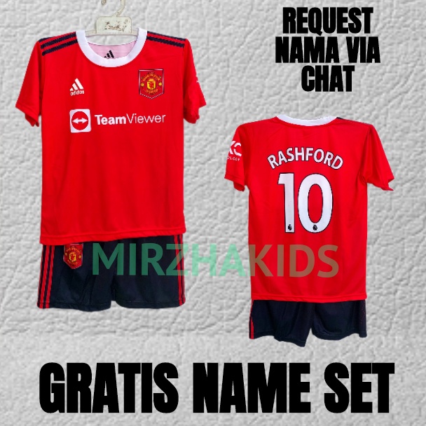setelan jersey baju bo;a MU full printing size 10-20 usia 5-12thn