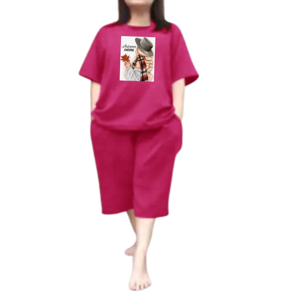 Baju Setelan Wanita Dewasa Jumbo Ld 115 Cm One Set Wanita Kaos dan Celana Pendek Oversize 3/4 Baju Setelan Cewek Dewasa Terbaru 2023 Kekinian Stelan Wanita  Dewasa Viral Set Autumn Atmosphere