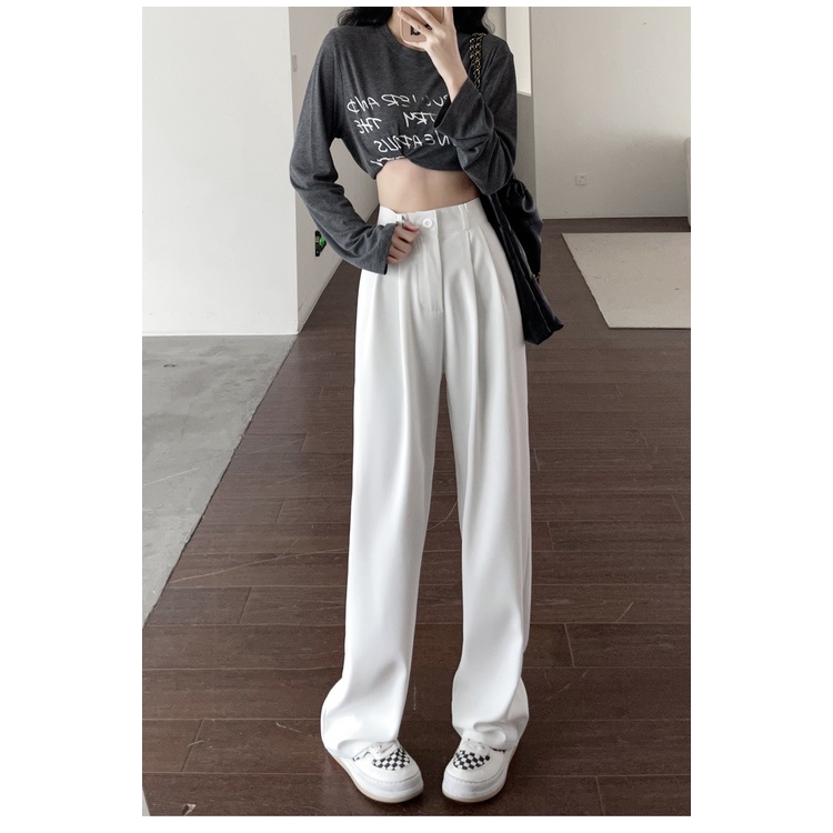 EUNII Celana Panjang Putih Casual Straight High Waist Pants Korean Style