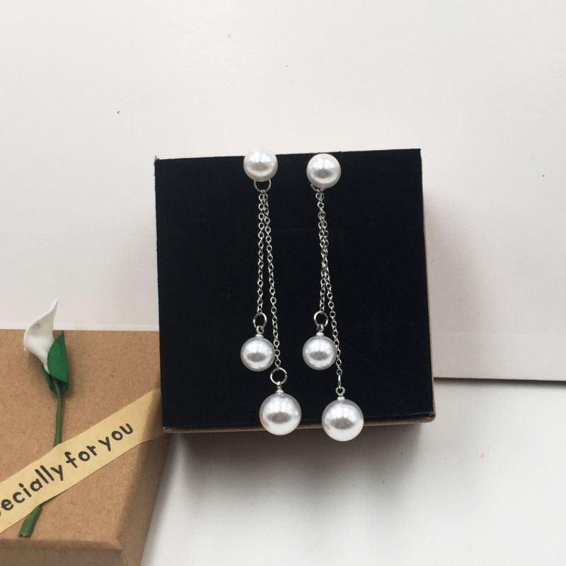 Anting Hijab Juntai Mutiara Double Rantai Undak Unik Gaya Korea