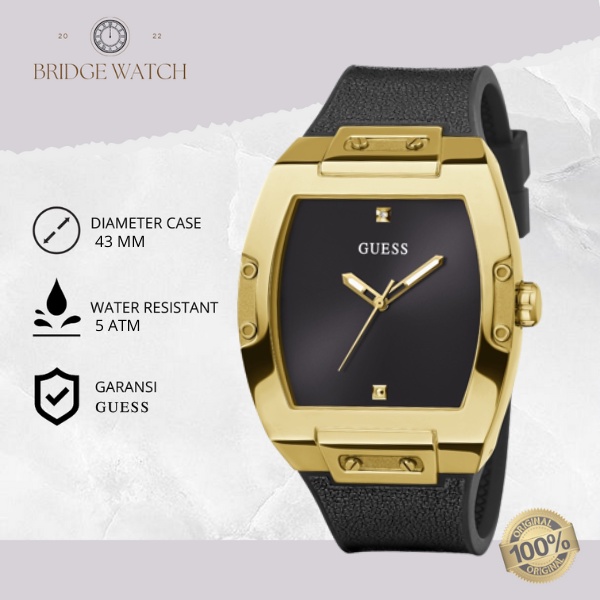 Jam Tangan Pria Guess Phoenix GW0386G3 Original Analog Black Gold Rubber Strap Silicone Hitam Cowok 