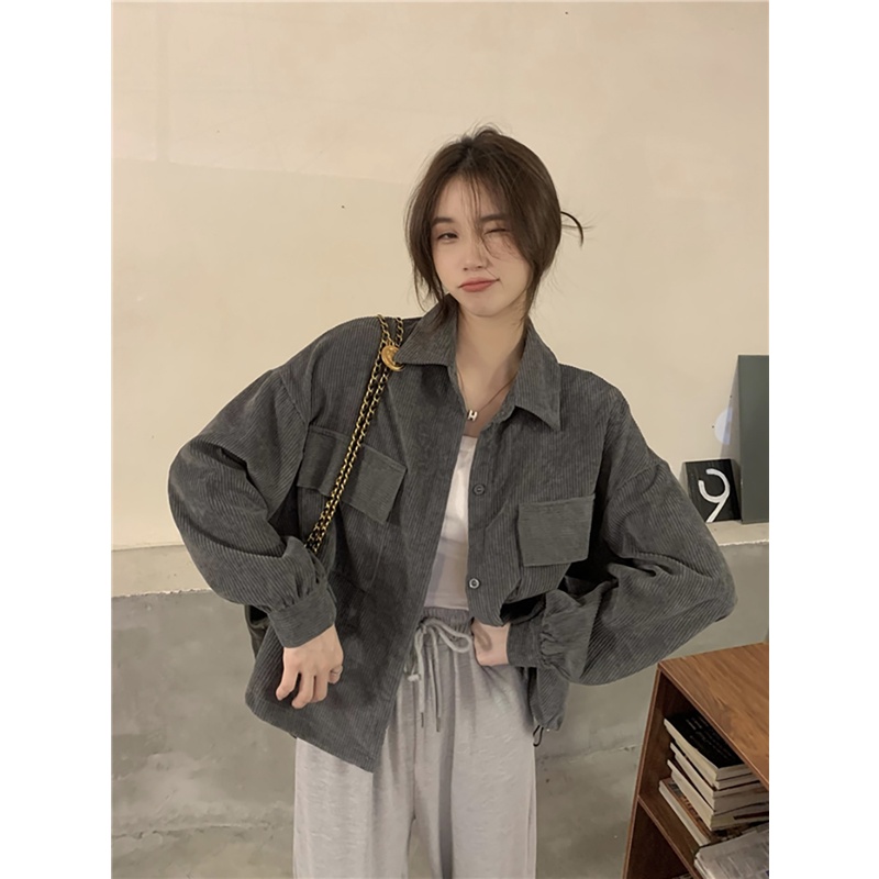 EUNII Jaket Crop Wanita Retro Outer Lengan Panjang Korduroi Jacket Hitam Korean Style