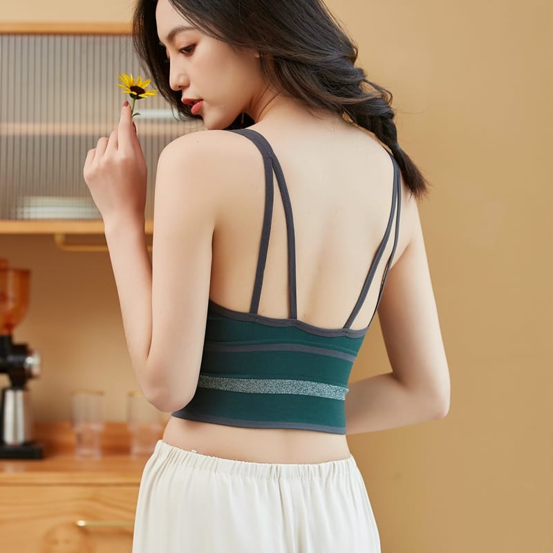 MMM Bra Sport Wanita Tanpa Kawat 6454 Tank Top Wanita Pakaian Dalam Wanita Ala Korea BH Sport Yoga Motif Garis Murah Import