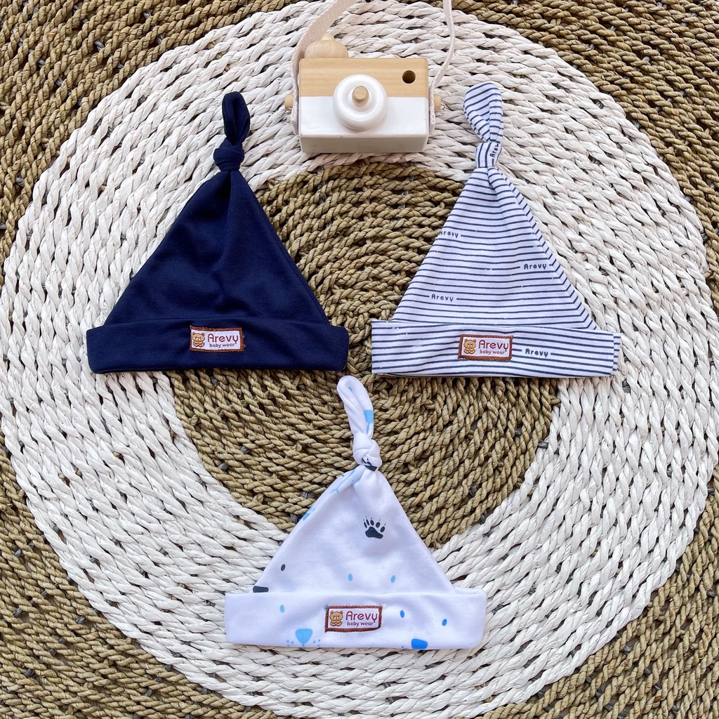 Topi Kuncung Bayi Arevy Babywear Isi 3 Pcs Seri Navy Perlengkapan Bayi Newborn Topi Kupluk Motif Unisex 0-6 Bulan