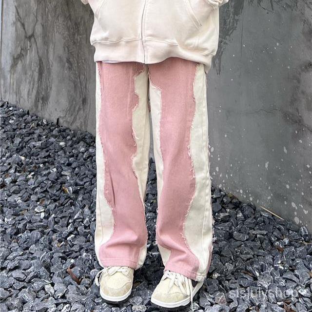 [✅BISA COD] #Sisjuly# Celana Panjang Santai Wanita Vintage Patchwork Lurus Jeans Jalan Kaki Lebar Lo