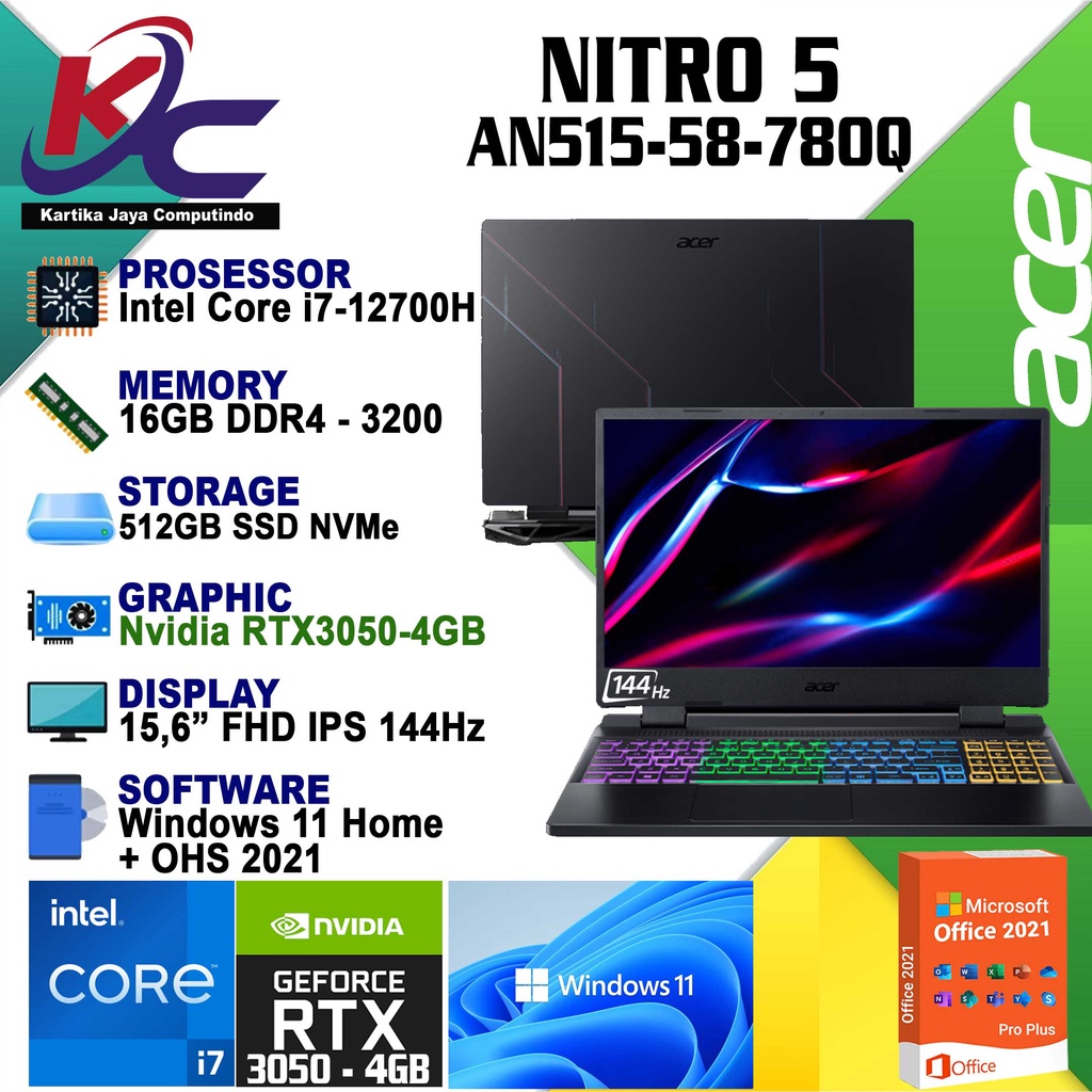 ACER NITRO 5 AN515-58-78PT || CORE I7-12700H/ 16GB/ SSD512/ RTX3050/ W11 OHS 2021