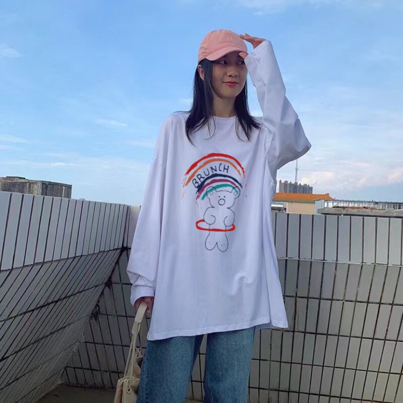 Pelangi Print Kaos Korean Wanita Oversize Lengan Panjang Top