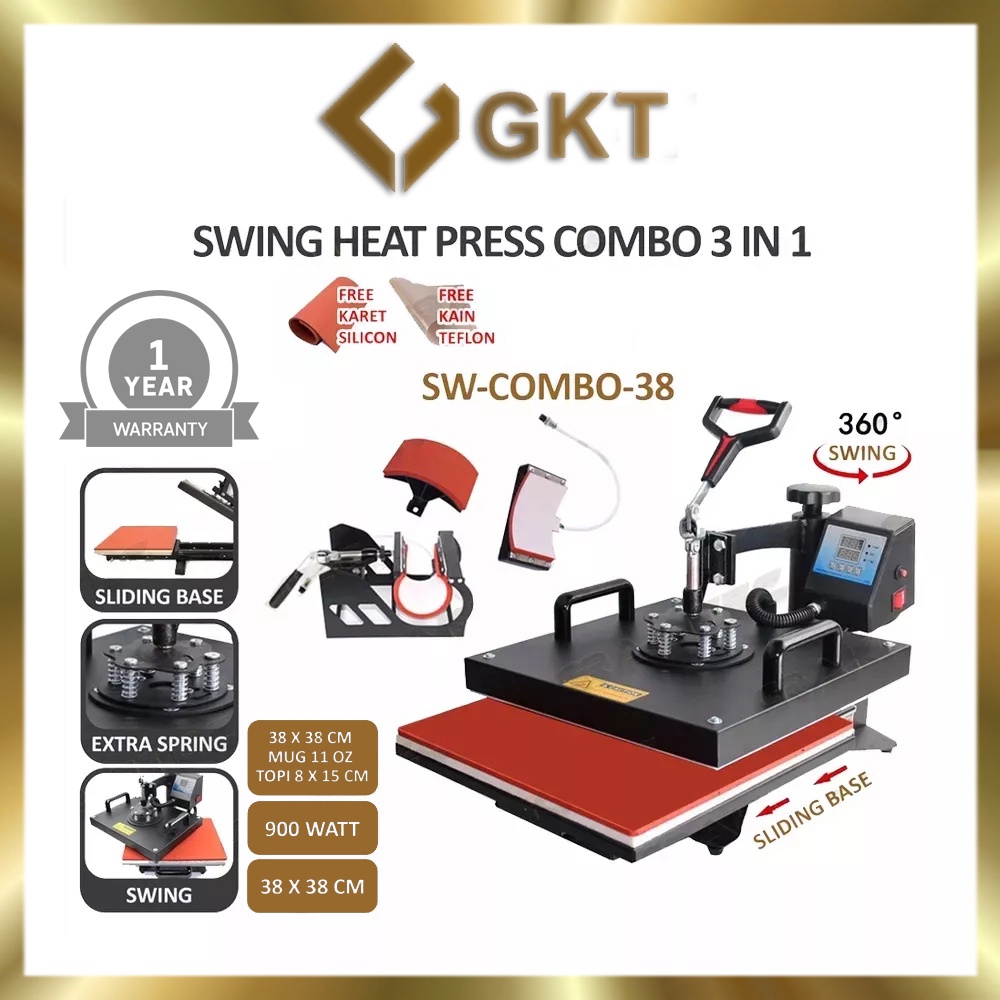 Mesin Heat Press Sablon Combo 3 in 1 Kaos 38x38 Gelas 11oz Topi 8x15 Fitur SWING SLIDING