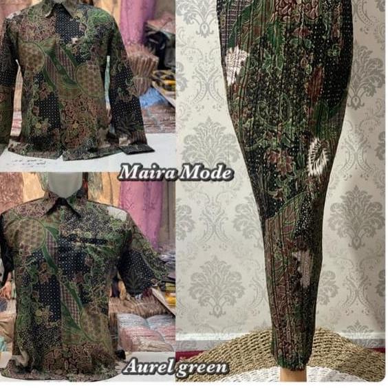 Couple batik kemeja dan rok plisket / set rok plisket dan kemeja batik / motif aurel hijau