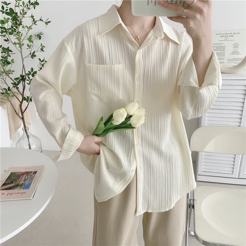 EUNII Crinkle Kemeja Lengan Wanita Blouse Putih Kemeja Lengan Panjang Wanita Korean Style