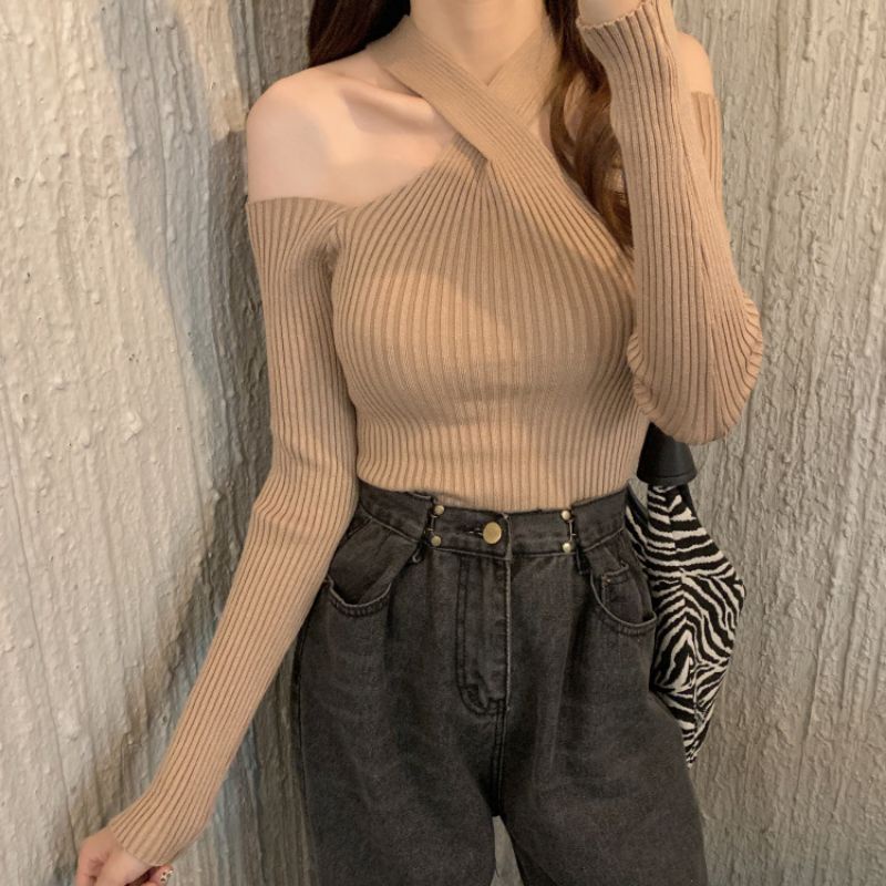 KNIT AVERYL ALAIA TOP KNIT ATASAN RAJUT WANITA Knitwear Fashion Korean Crop Long Sleeve Halterneck Knit Top Atasan Korean Style Wanita