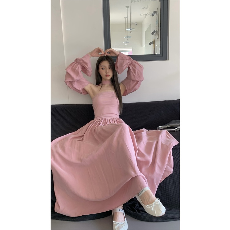 Red kumikumi pink lengan panjang pendek rajutan selendang wanita musim gugur pinggang slim tube top setelan rok