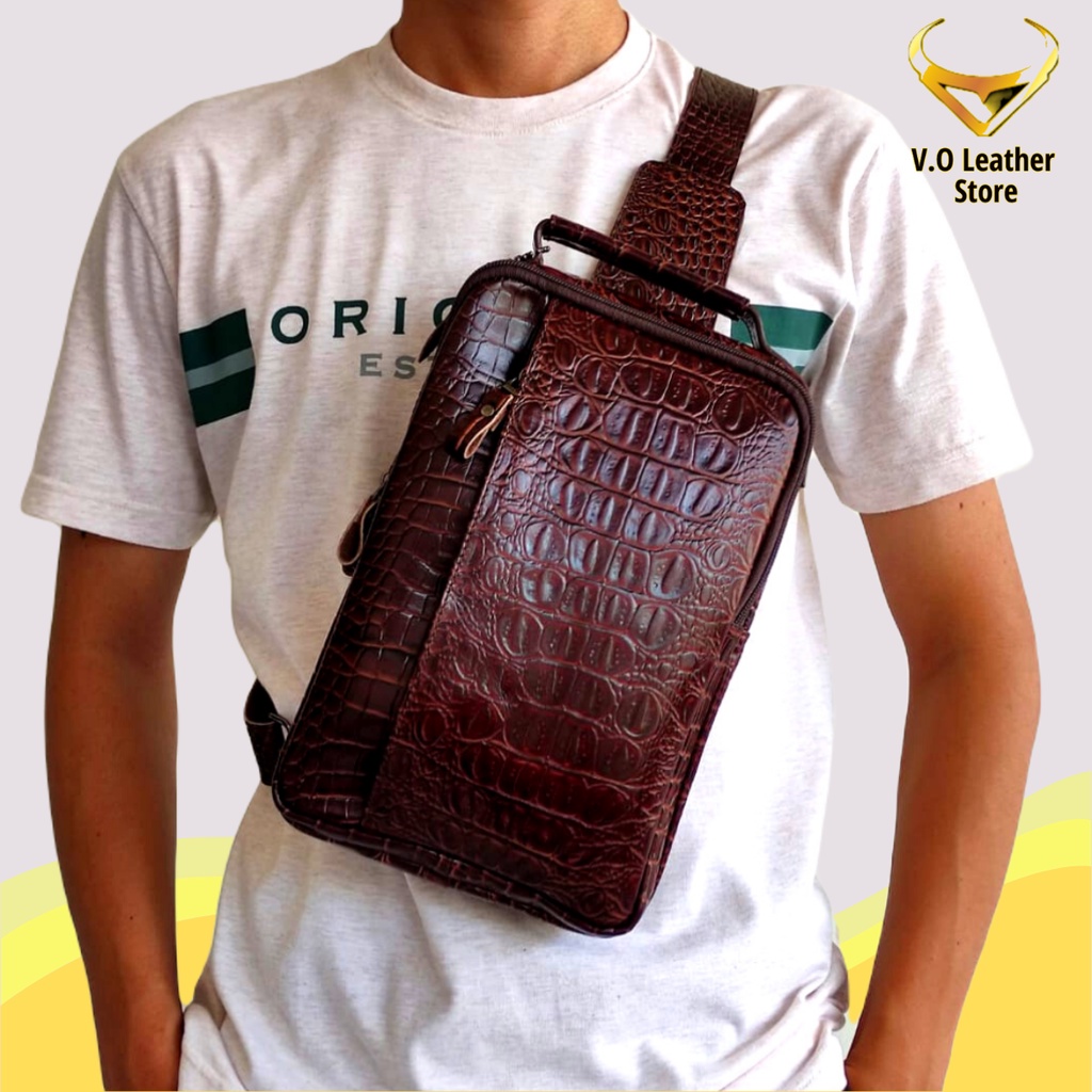 Tas Selempang Kulit Waist Bag Pria Laki Cowok Asli Kulit Sapi Premium Dengan Motif Buaya dan Polos K