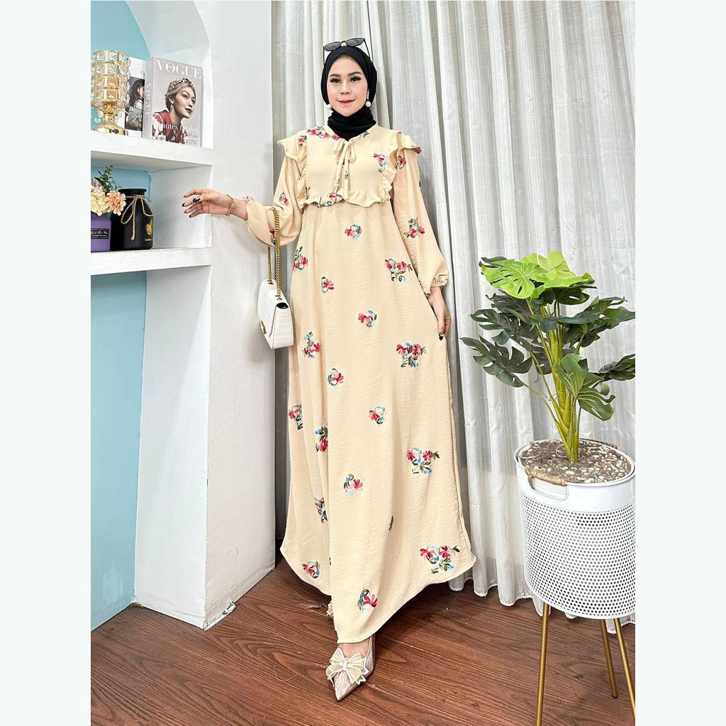 GAMIS CRINKLE AIRFLOW POM POM KEKINIAN MOTIF TERBARU RESLETING DEPAN BUSUI MODERN LONGDRESS CRINCLE BAHAN CRINGKEL