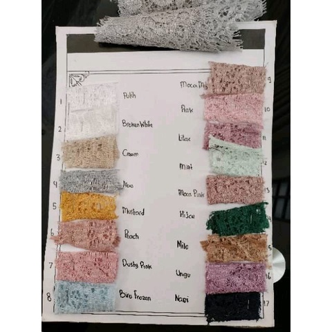 Kain BRUKAT RENDA Pinggiran / LACE Triming NON GLITTER  Murah Grade A , cocok  untuk Gaun Kebaya Dress, pinggiran mukena, pinggiran kebaya, harga yang tertera : HARGA SETENGAH METER