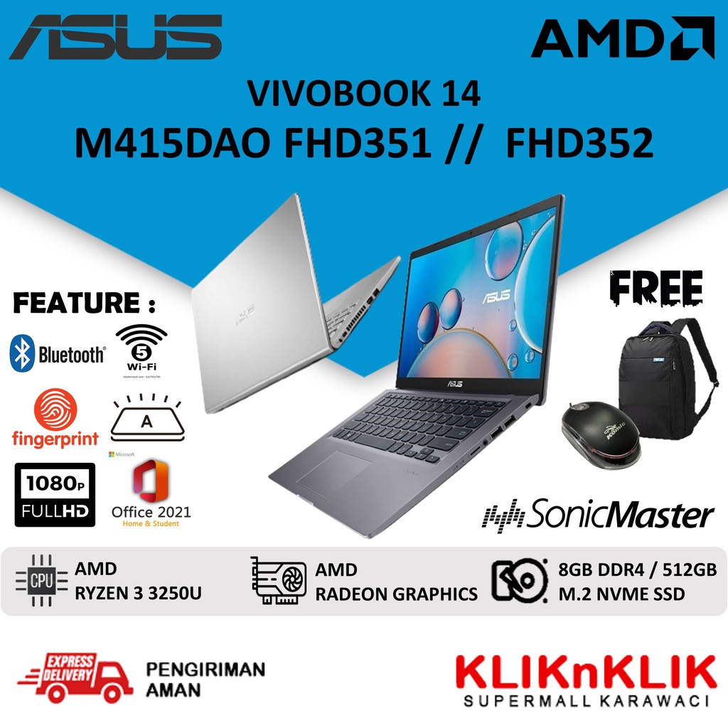 LAPTOP ASUS VIVOBOOK M415DAO AMD RYZEN 3 3250U RAM 16GB SSD 512GB 14D FHD IPS OHS WINDOWS 11