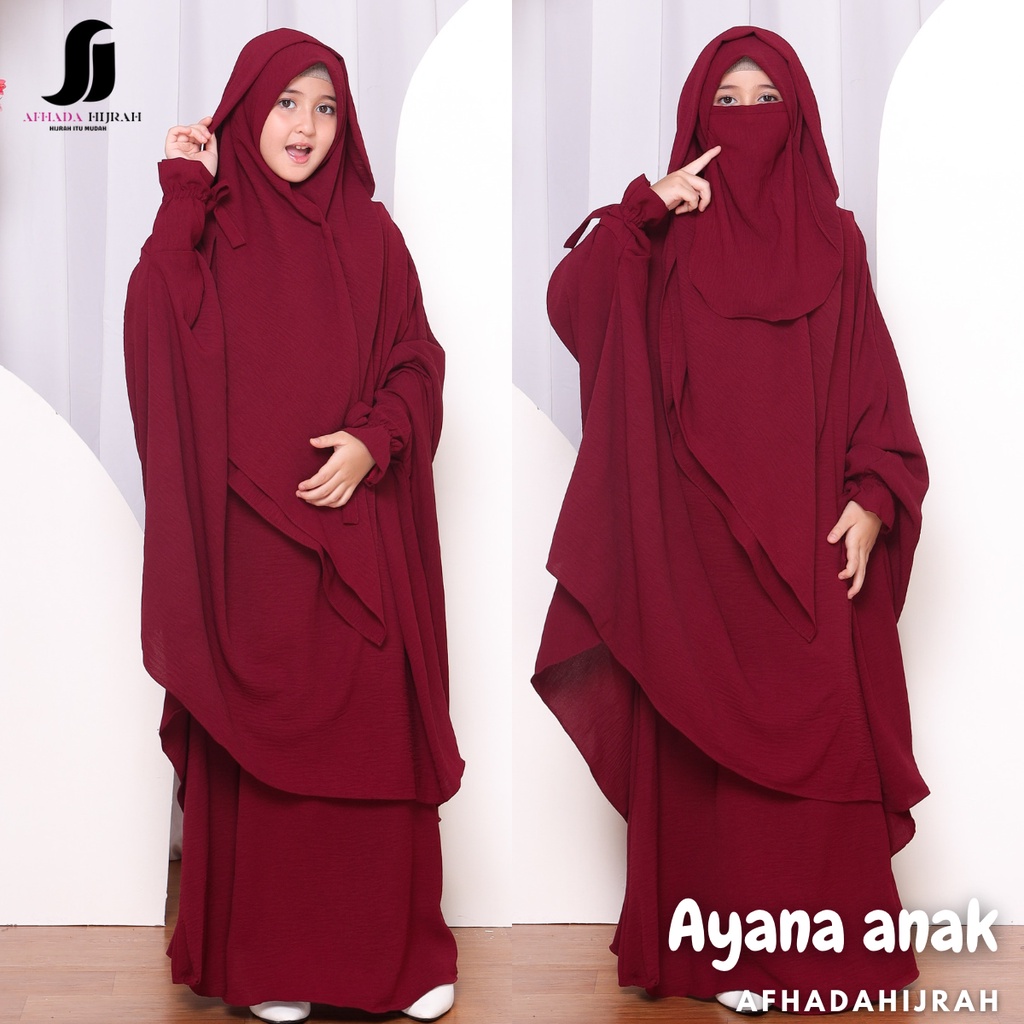 Afhadahijrah - Gamis anak perempuan set cadar Ayana Hoodie crinkle airflow maroon baju dan hijab sya