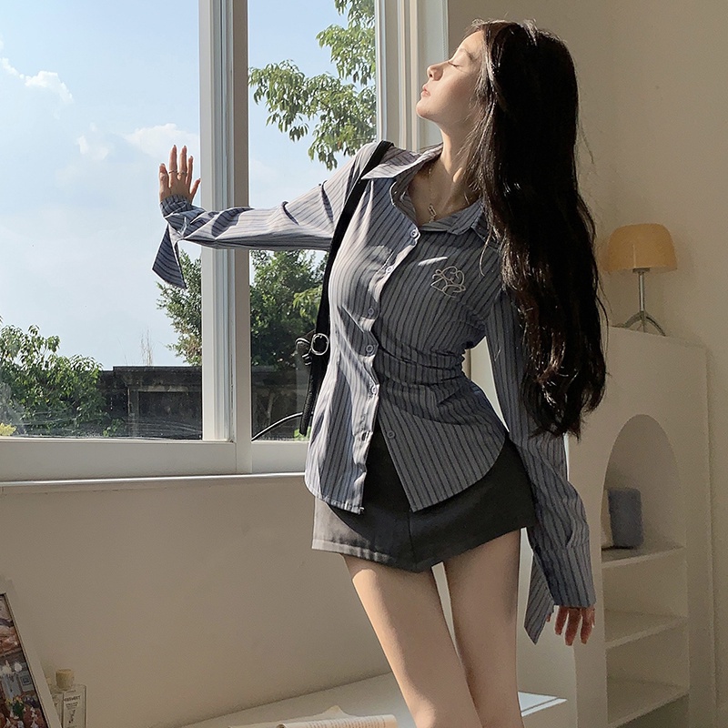 Red Gadis Panas Keinginan Murni POLO Kerah Bordir Lengan Panjang Bergaris Pinggang Kemeja Musim Semi dan Musim Gugur Budidaya Diri dan Tipis Kemeja Top Pasang