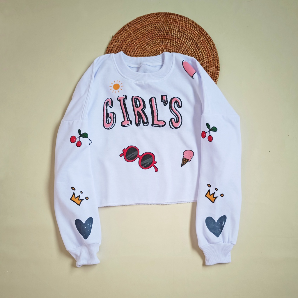 Sweater Crop Wanita Crown Girls Chic Psttern Crope Korean Style Sweatshirt  Wanita Bahan Fleece - Allsize