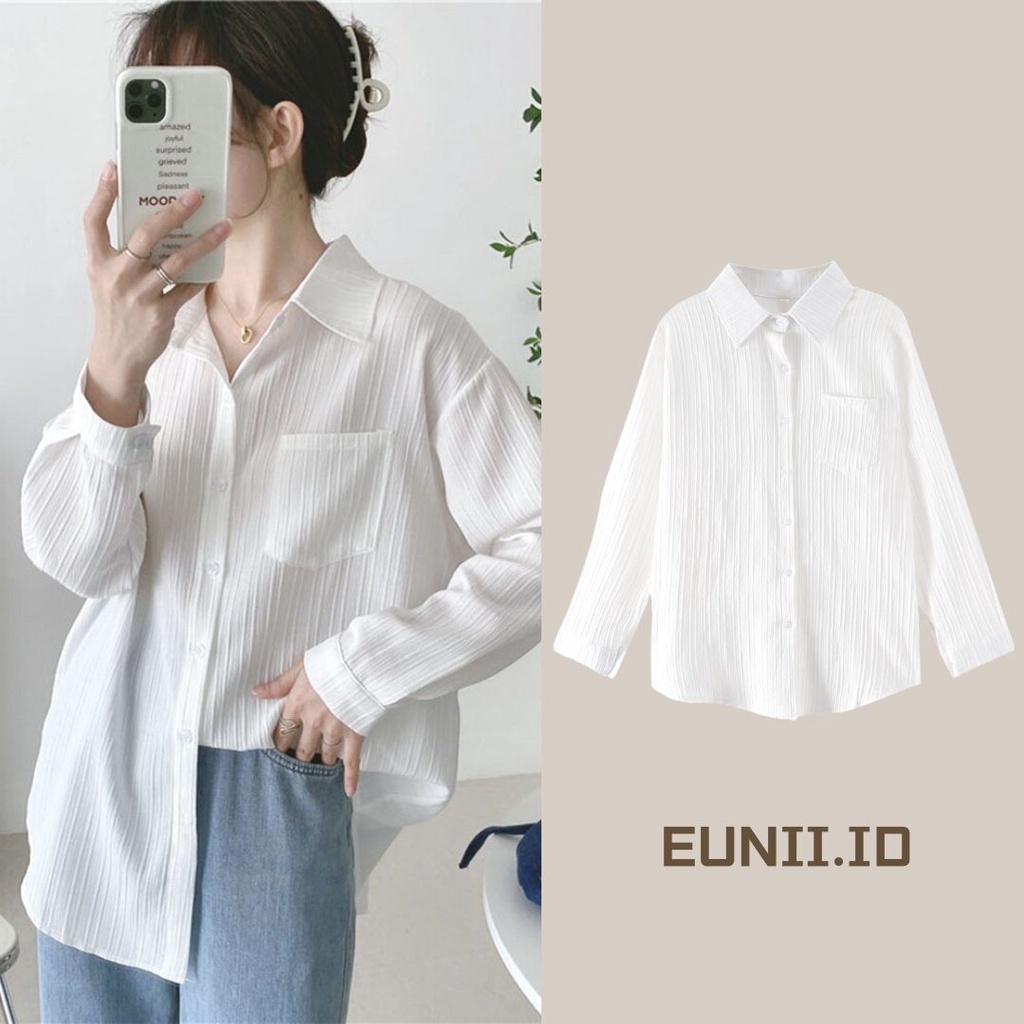 EUNII Crinkle Kemeja Lengan Wanita Blouse Putih Kemeja Lengan Panjang Wanita Korean Style