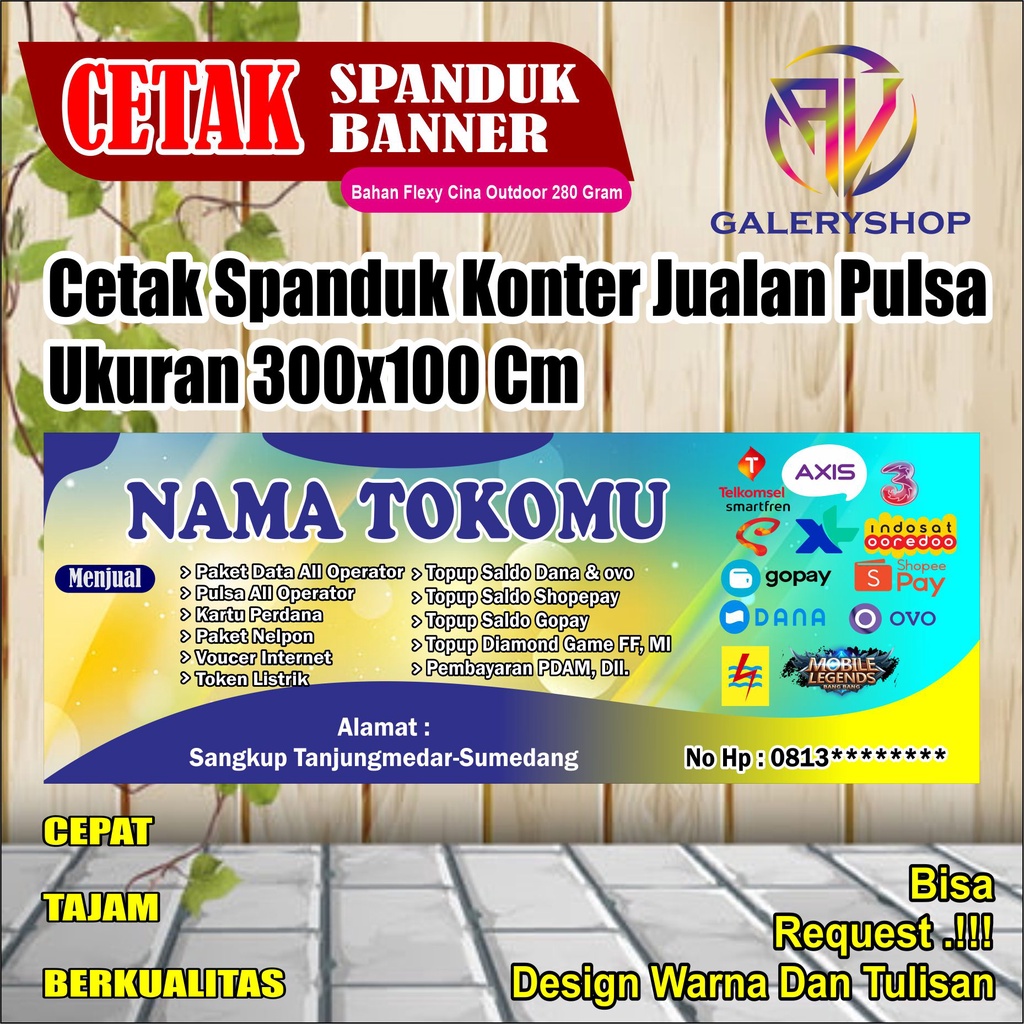 cetak spanduk banner jual pulsa , konter , cell dll
