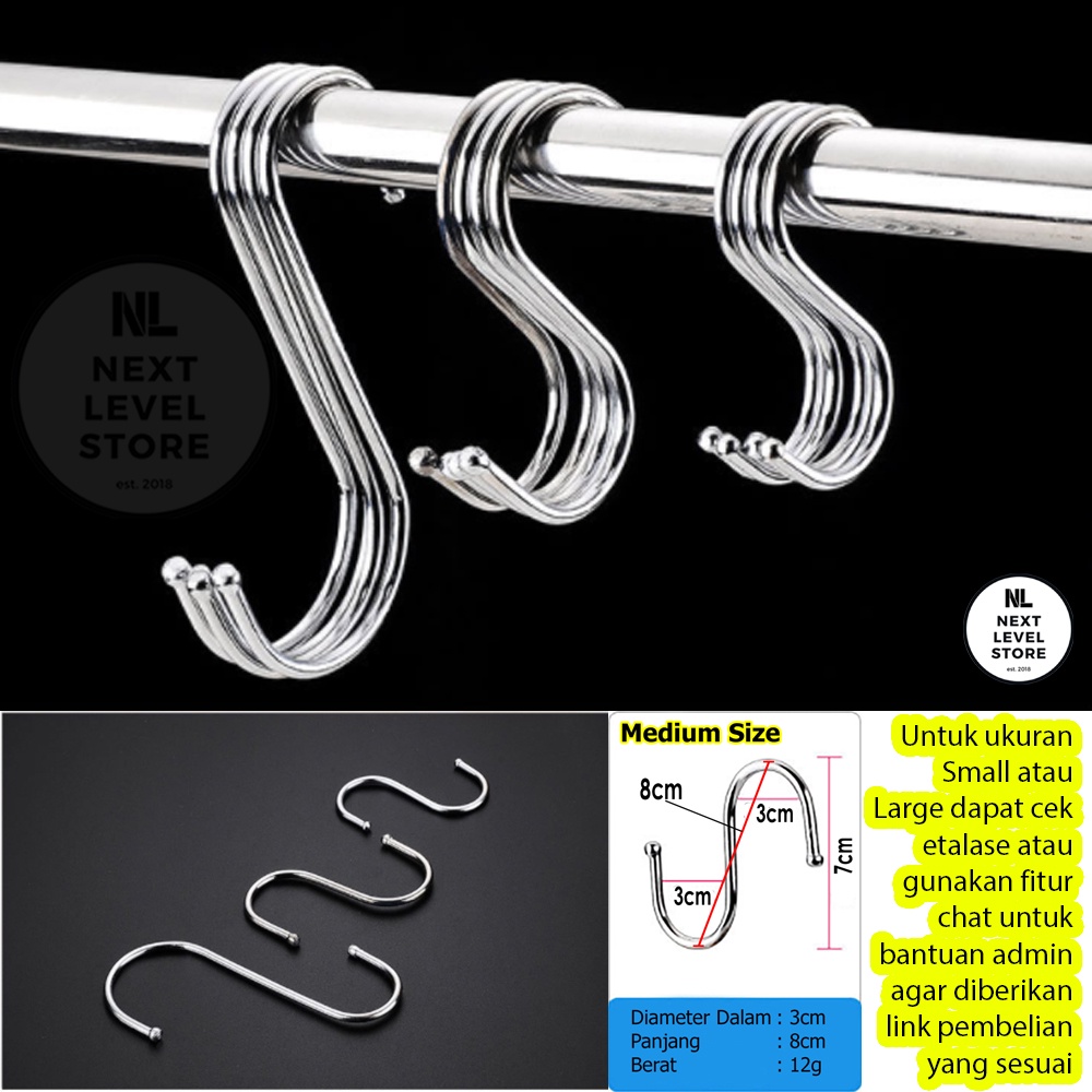 S Hook Stainless Chrome Silver Ram Besi Cantolan Gantungan Aksesoris - 8 CM