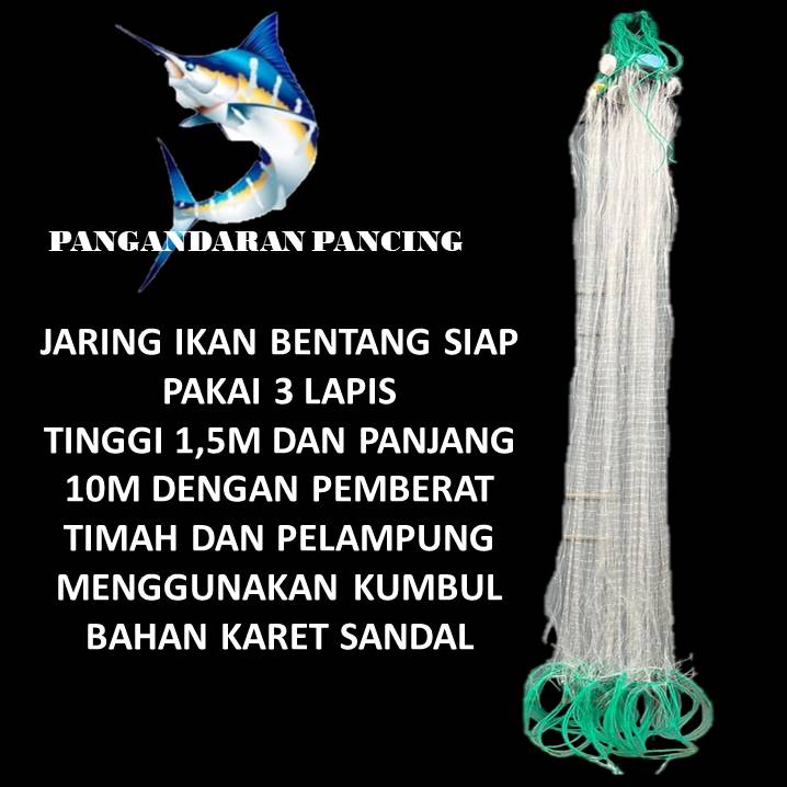 Jaring ikan siap pakai 3 lapis tinggi 1,5m panjang 10m Jaring Ikan Bentang