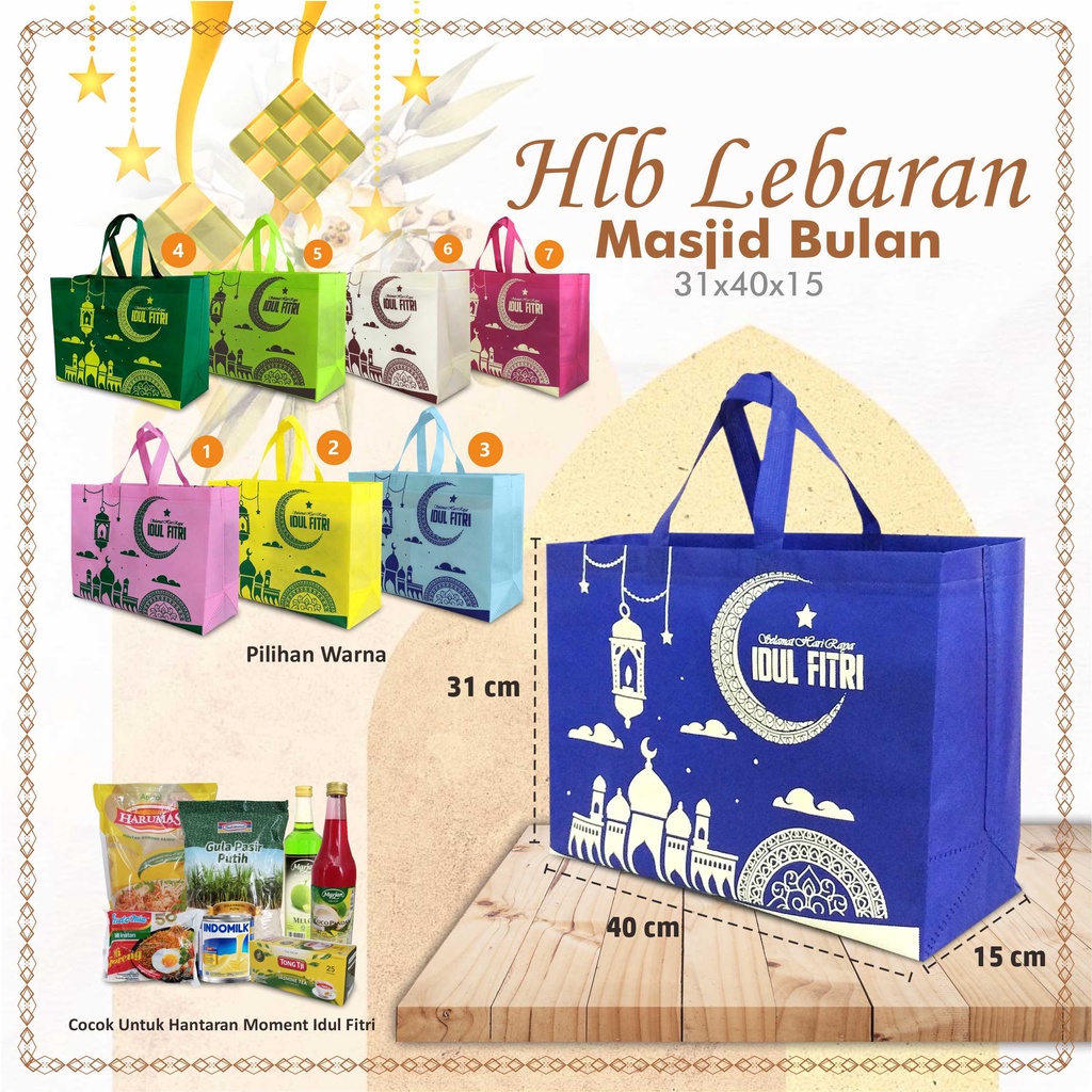 

Tas Parcel Lebaran Sablon | Goodie Bag Lebaran | Tas Parcel Idul Fitri | Masjid Bulan 31x40x15