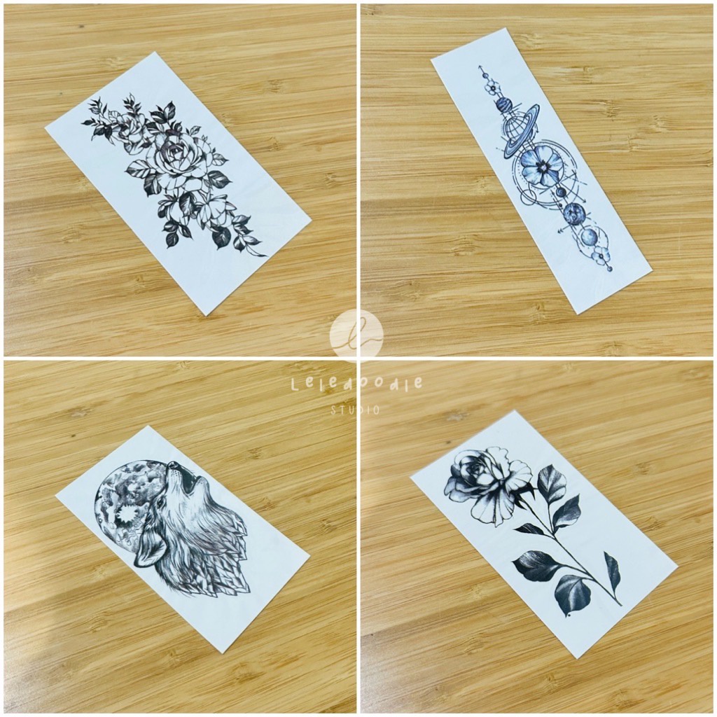 Leledoodle - Tato Temporer Korea Lucu | Tato Stiker Black | Wolf | Bunga Rose | Mawar | Tato Tempel 